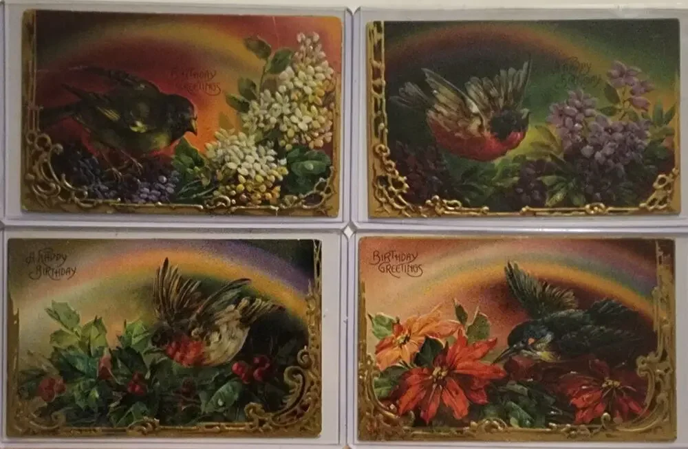 Lot Of Four Vintage Antique Embossed Postcards Flowers Birthday